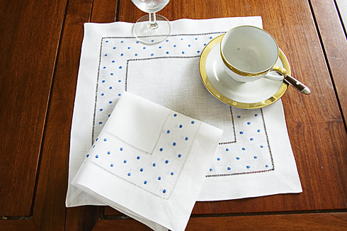 Linen Luncheon Napkin. French Blue Polka Dots. 14" square. 1 pc.